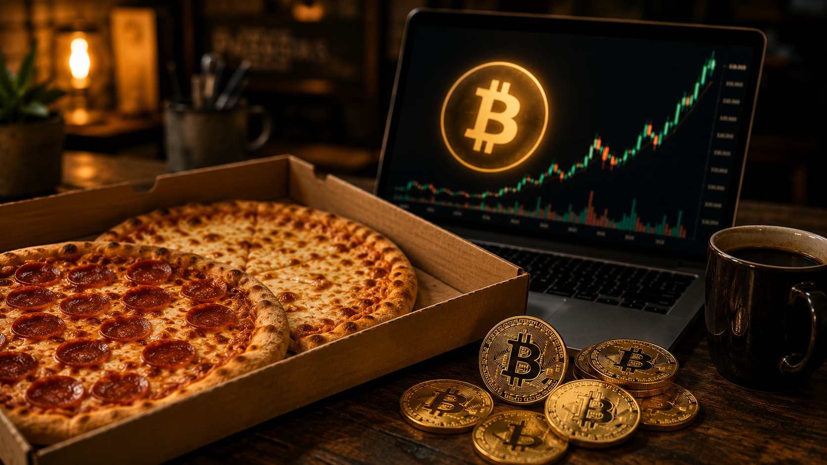 Two freshly baked pizzas on a table beside a laptop displaying the Bitcoin logo, with glowing gold Bitcoin coins scattered around and a digital price chart rising dramatically in the background, symbolizing the famous 10,000 Bitcoin pizza purchase.