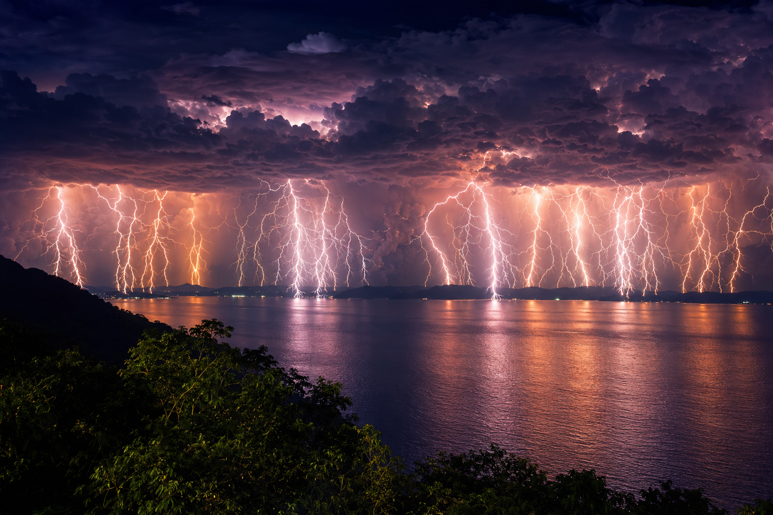 Brilliant lightning bolts repeatedly illuminating dark thunderclouds above Lake Maracaibo in Venezuela, reflecting across calm water while distant mountains frame one of the world's most spectacular natural weather phenomena.