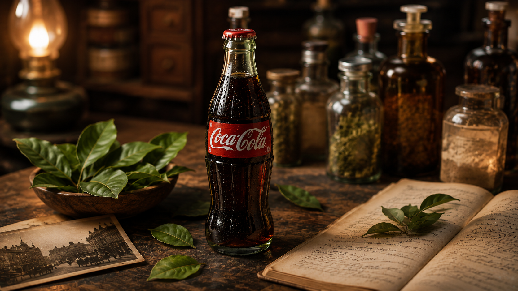 A classic glass Coca-Cola bottle standing on a vintage apothecary counter beside fresh coca leaves, antique medicine bottles, and an old pharmacy notebook in warm cinematic lighting, illustrating the drink's surprising historical origins.