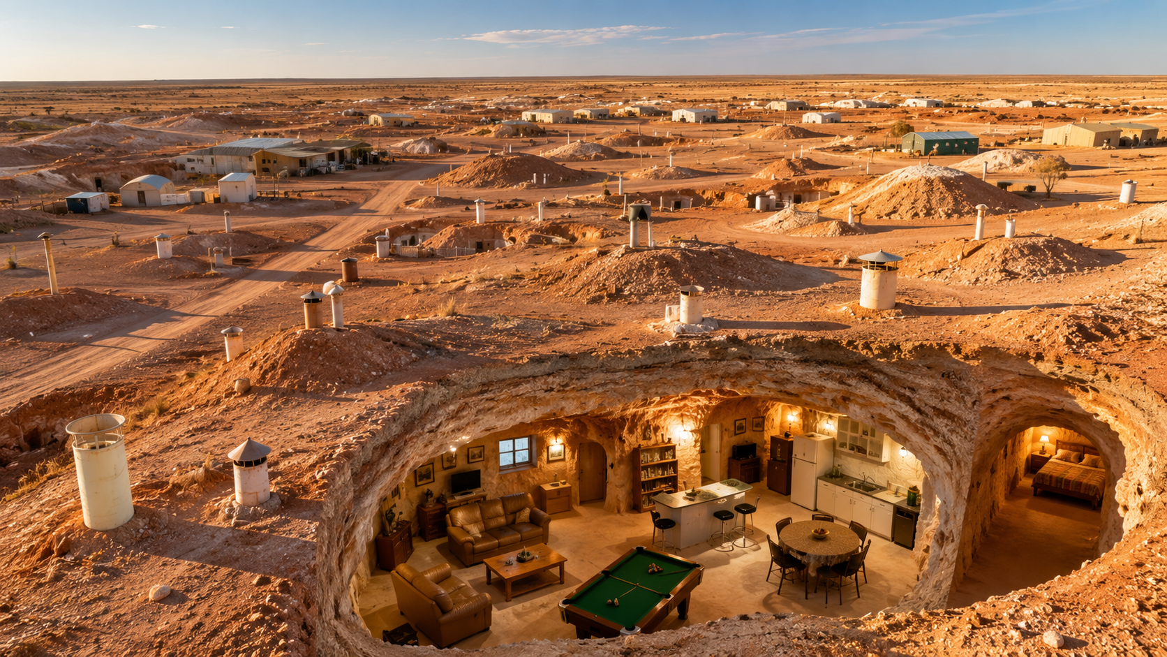 An aerial view of Coober Pedy, Australia, showing the desert landscape above and entrances to underground homes scattered across the outback.