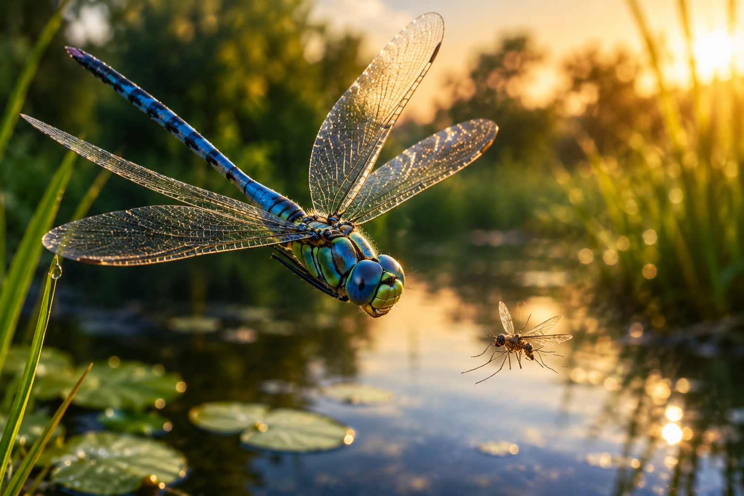 A vibrant blue dragonfly hovering above a tranquil pond while locking onto a flying mosquito, its four transparent wings frozen in motion and its enormous compound eyes sharply focused in warm golden sunlight.