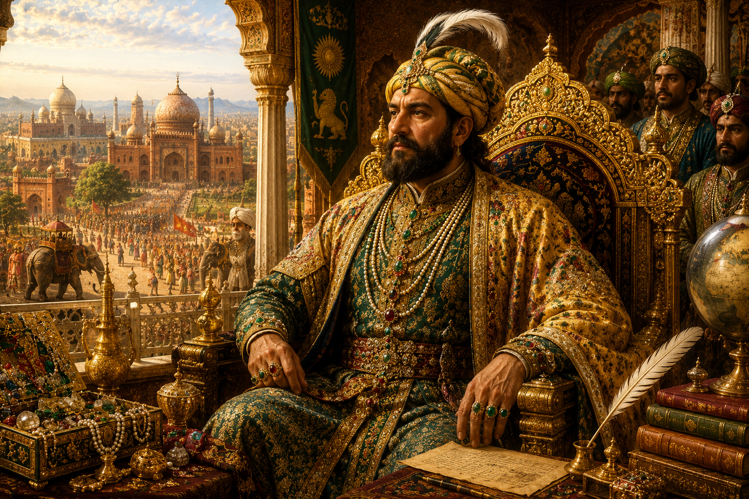 A cinematic portrait of Emperor Akbar seated on an ornate Mughal throne inside a magnificent palace, surrounded by gold, jewels, royal courtiers, richly decorated arches, and a sprawling imperial city visible beyond, symbolizing the immense wealth and power of the Mughal Empire.