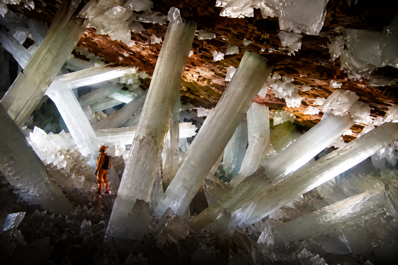 Massive transparent selenite crystals filling the Cave of the Crystals beneath Naica Mine in Mexico, illuminated by soft golden light that reveals towering crystal beams stretching across the underground chamber.