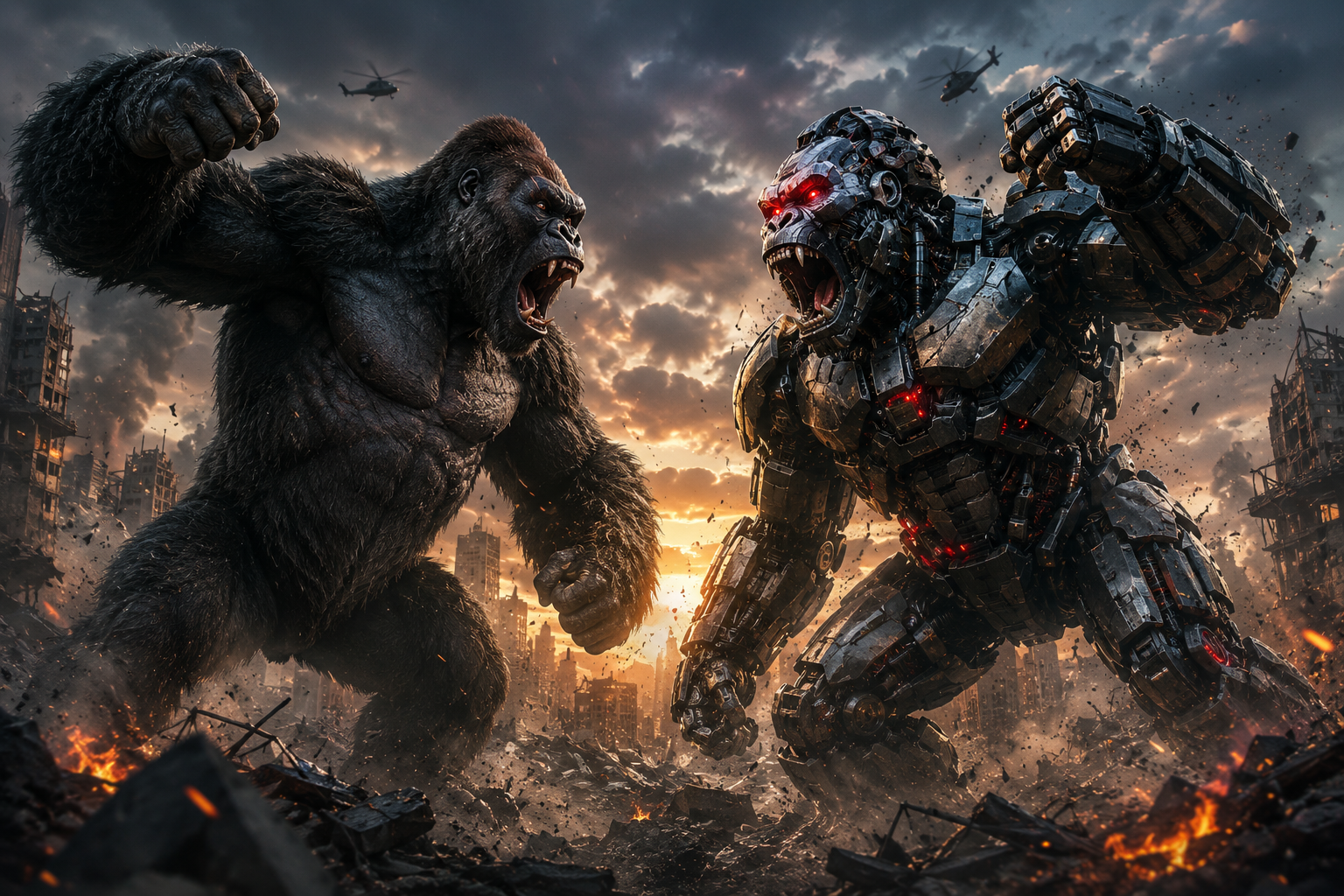 A towering Great Ape facing a futuristic armored Mecha Ape in a dramatic cinematic standoff, surrounded by destruction and glowing atmospheric lighting, representing an epic AI-generated battle between nature and technology.