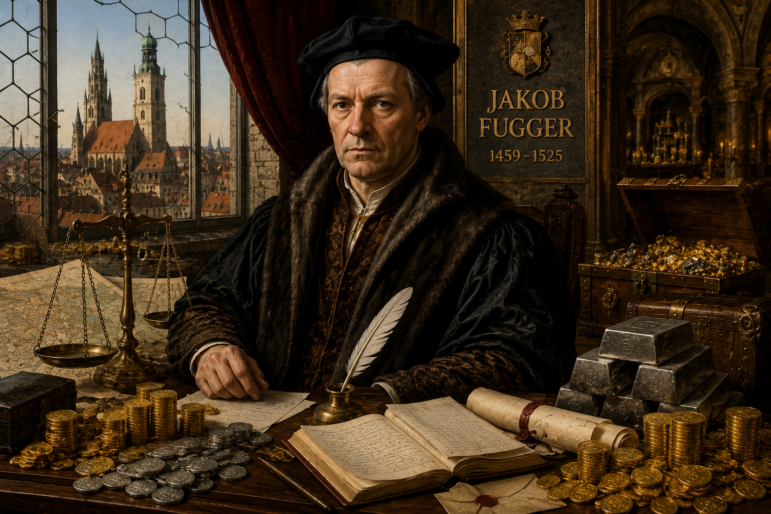 A cinematic Renaissance portrait of Jakob Fugger standing inside a lavish banking hall surrounded by gold coins, silver bars, ledgers, maps of Europe, and richly decorated vaults, symbolizing the immense financial empire of one of history's wealthiest individuals.