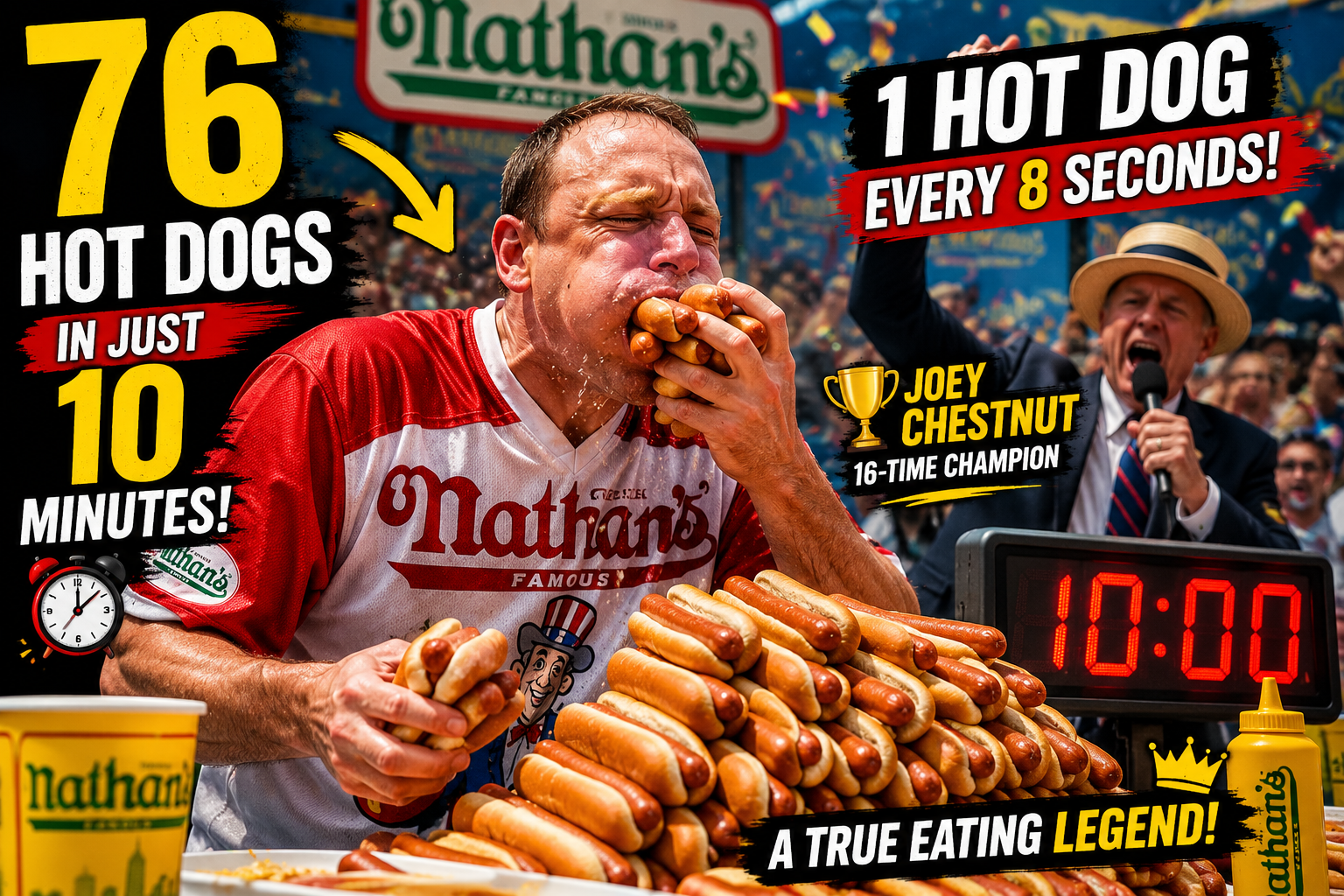 Competitive eating champion Joey Chestnut competing in a hot dog eating contest with stacks of hot dogs on the table, cheering spectators in the background, and a high-energy championship atmosphere.