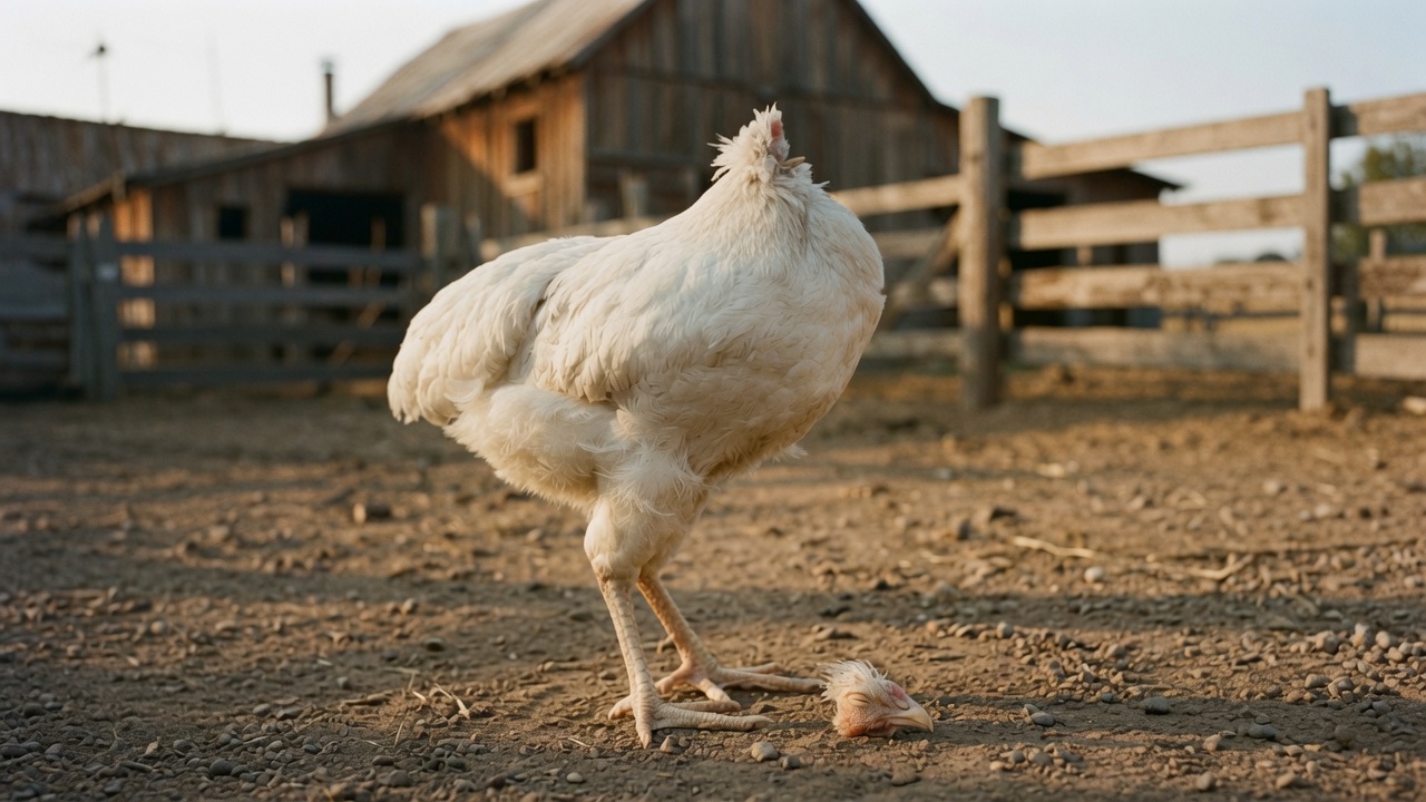 A healthy white rooster standing confidently in a rustic 1940s farmyard with vintage wooden barns and soft morning sunlight, respectfully representing the remarkable true story of Mike the Headless Chicken without depicting graphic injury.