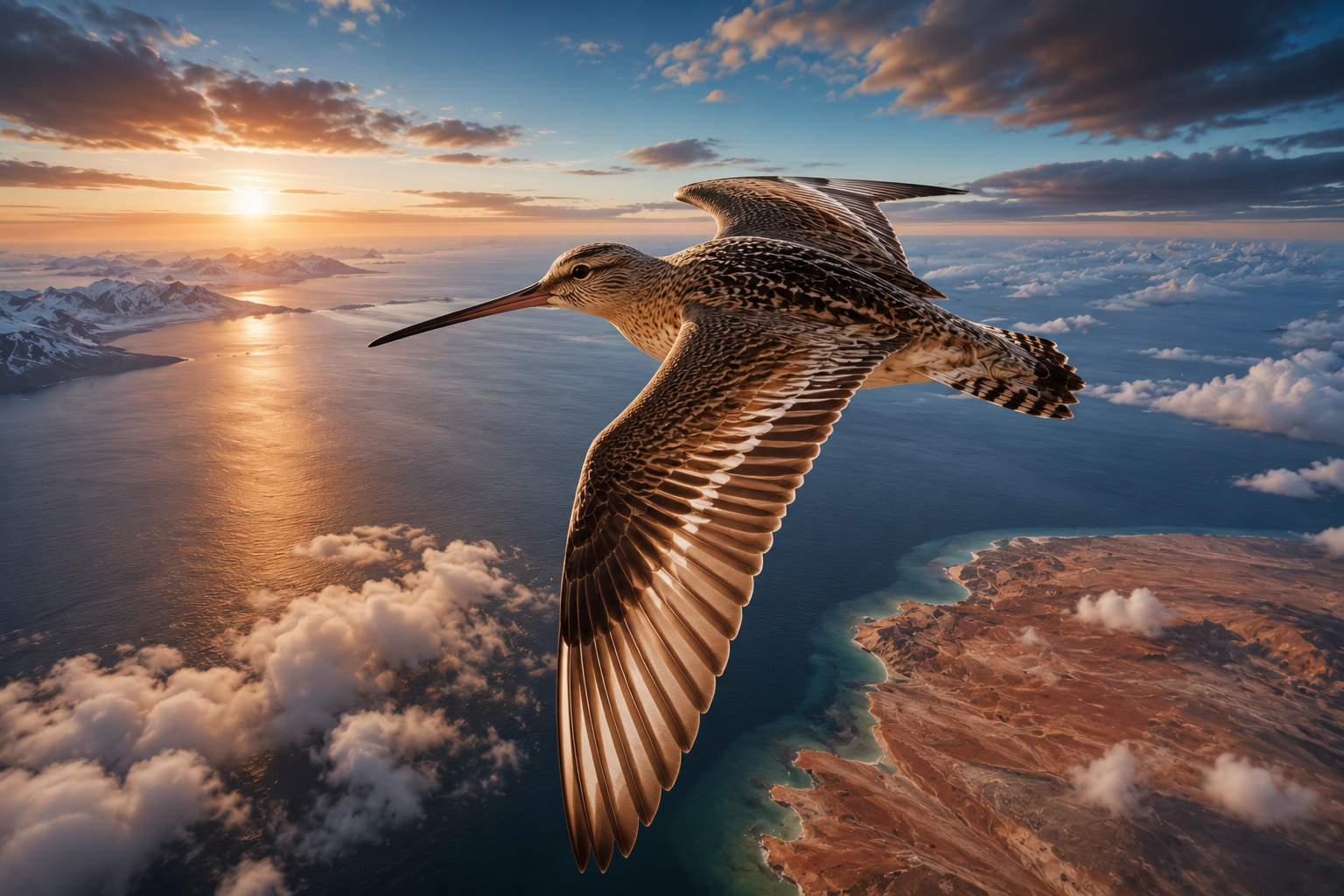 A bar-tailed godwit soaring high above the Pacific Ocean at sunrise, with a faint route stretching from Alaska toward Australia beneath dramatic clouds, emphasizing one of the longest nonstop migrations in the animal kingdom.