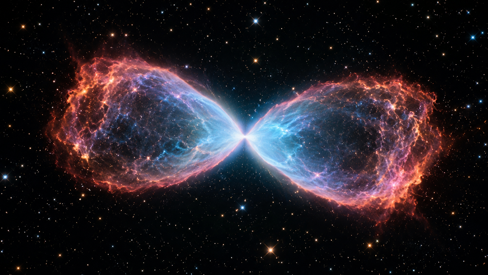 The Boomerang Nebula glowing in deep space with blue and reddish clouds of gas surrounding a dying star, known as the coldest place ever discovered.
