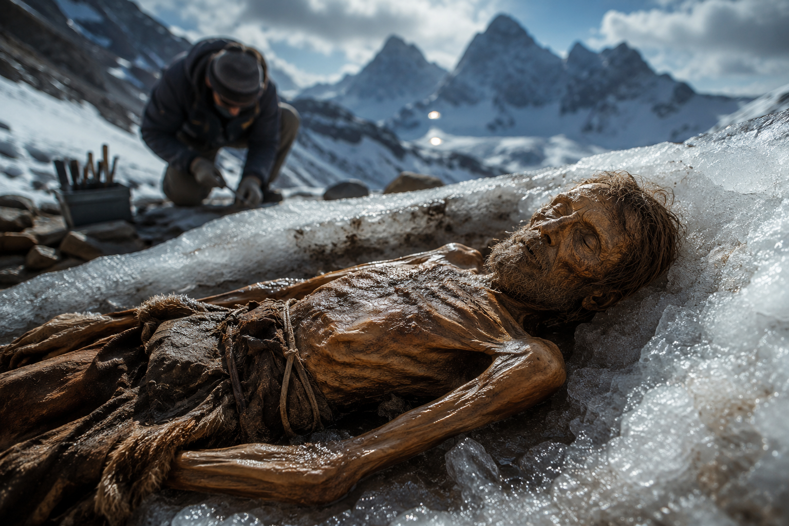 A cinematic depiction of Ötzi the Iceman partially emerging from ancient alpine ice as archaeologists carefully excavate the frozen mummy beneath dramatic snow-covered mountain peaks, with cold blue lighting emphasizing the mystery and preservation of the 5,000-year-old discovery.