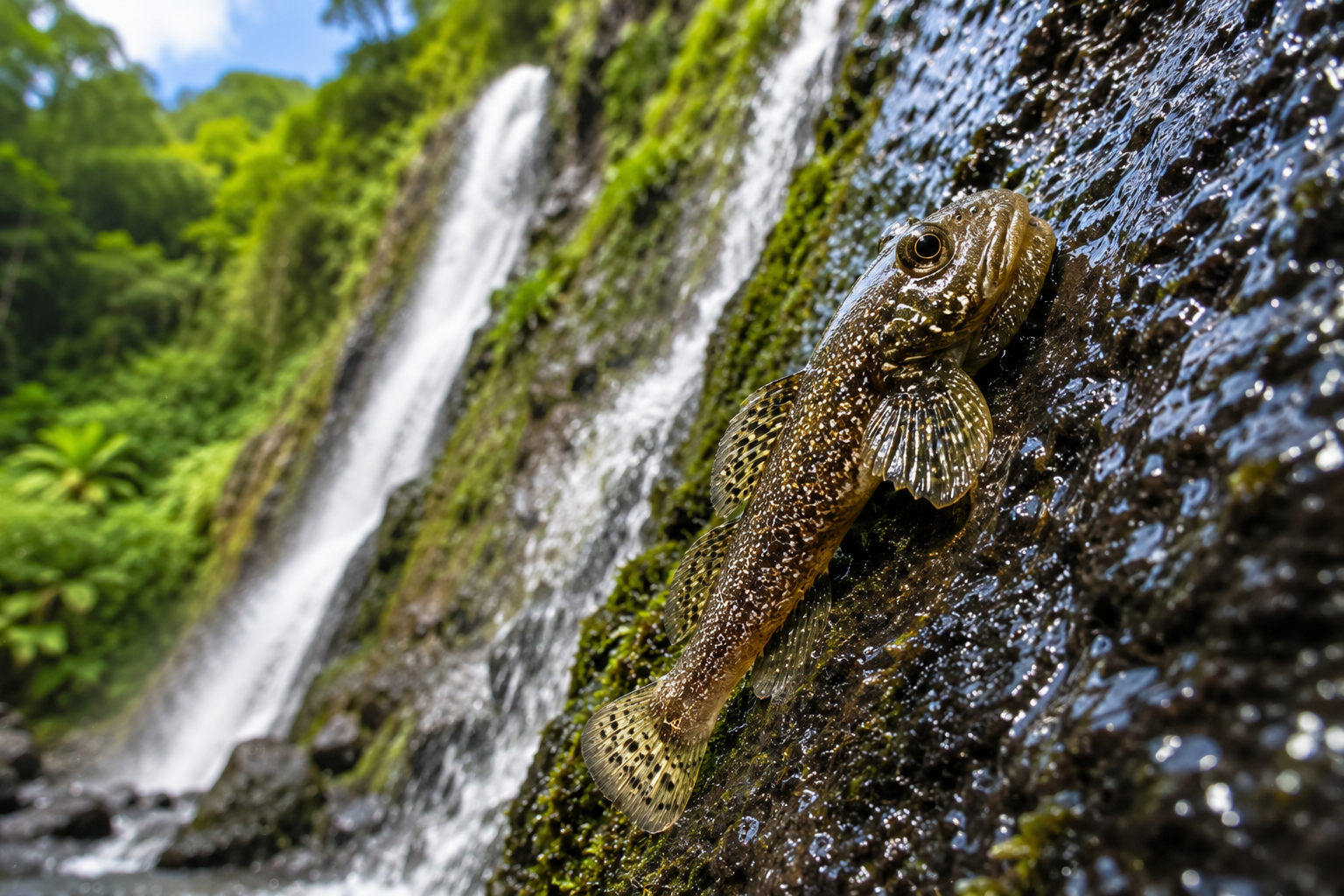 A tiny Hawaiian Nopili Goby fish using its suction-disc fins to climb a steep tropical waterfall surrounded by lush green rainforest, with cascading water and wet volcanic rock illuminated by soft natural sunlight.