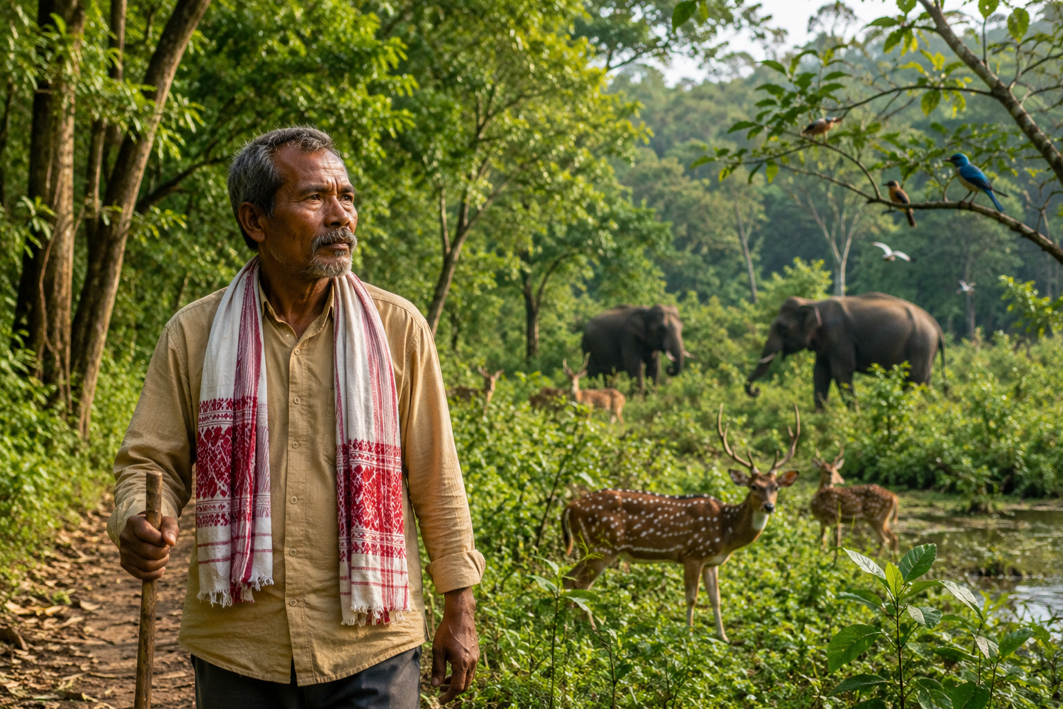Jadav Payeng walking through the lush Molai Forest he created, surrounded by towering trees and vibrant greenery, illustrating one of the world's greatest individual conservation achievements.