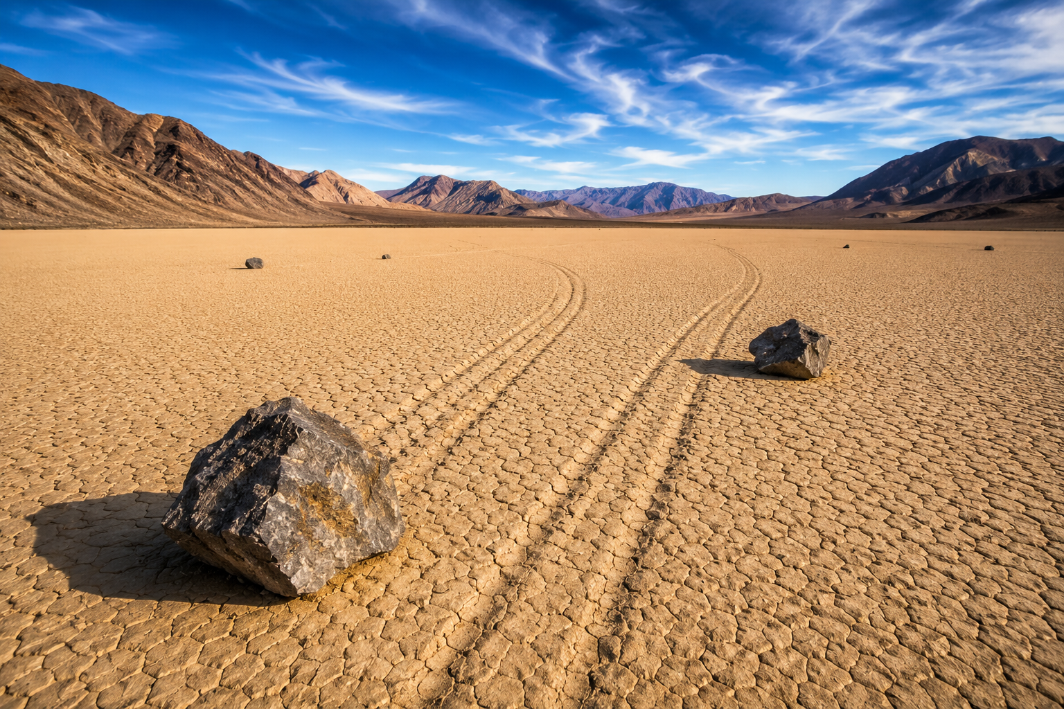 Large rocks resting on Racetrack Playa in Death Valley National Park with long winding trails etched into the cracked desert surface beneath dramatic mountains and a vivid blue sky.