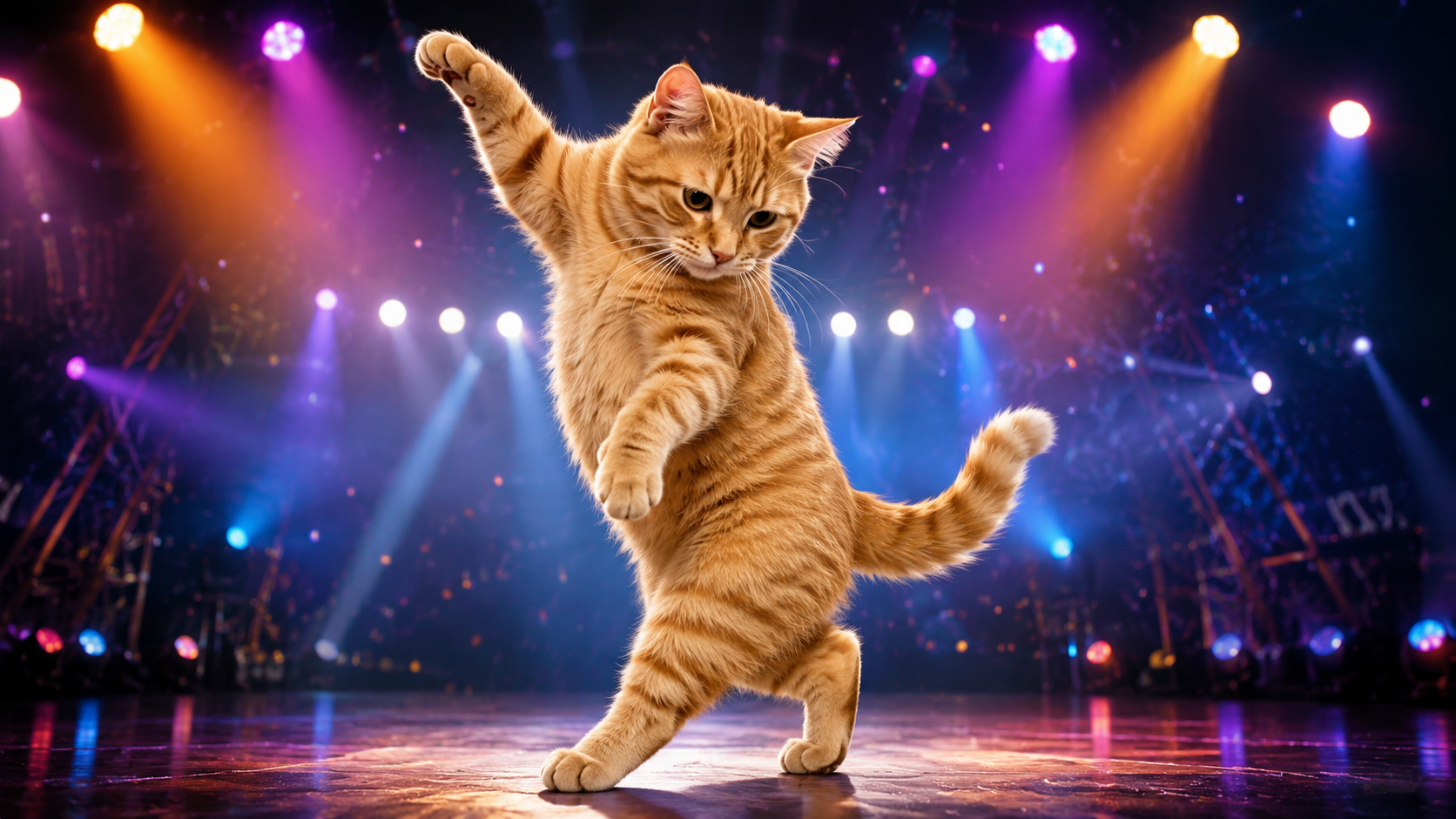 An adorable orange tabby cat standing upright with playful dance-like movements under colorful stage lights, looking like a tiny feline pop star.